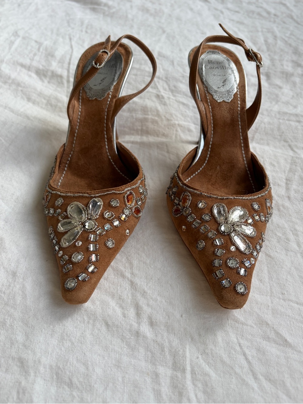Vintage Rene Caovilla Crystal Rhinestone Suede Pointy Toe Heels Tan Silver - Picture 4 of 11